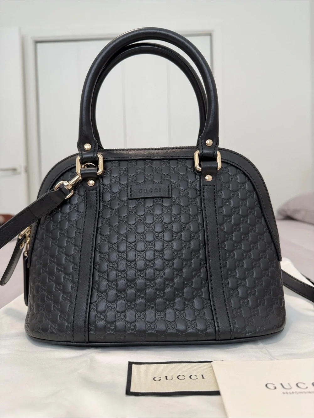 Gucci Authentic Microguccissima Dome Small Black Leather BSatchel with Gold Hard